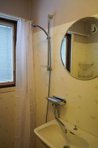 GranträsketFamily house in Swedish Lapland的一间带水槽、镜子和淋浴的浴室