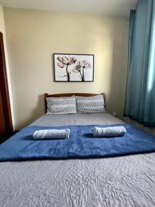 瓜拉派瑞Hope Hostel Guarapari的一张带蓝色床单的床和两个枕头
