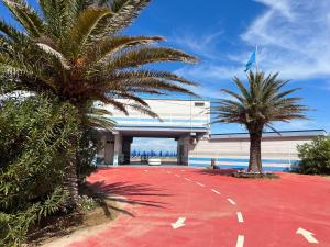 利尼亚诺萨比亚多罗Beach House Riviera的一座楼前一条种有棕榈树的红路