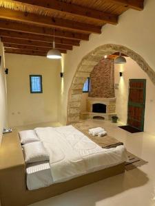 TufailahTafileh-Sila'a Heritage Village的一间卧室设有一张大床和石制壁炉