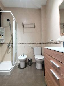 托莱多Casa Cervantes Toledo的浴室配有卫生间、淋浴和盥洗盆。