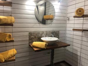 La Chapelle-Saint-Martin-en-PlaineLa Maison的浴室配有盥洗盆、镜子和毛巾