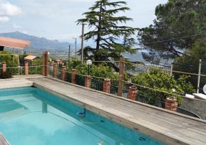 马斯卡利Peri Peri Guest House的一个带木甲板和围栏的游泳池
