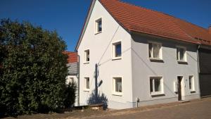 伊尔梅瑙Wohnung Nähe Uni Ilmenau und Autobahn A71的白色房子,有红色屋顶