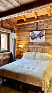 贝桑Chalet Les Cocales Résidence Séjour et nuitées B&B - Appartement Pin Cembro的一间卧室设有木墙和床