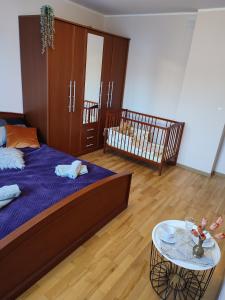 SobkówApartament nad Nidą的一间卧室配有一张床、一张婴儿床和一张桌子。