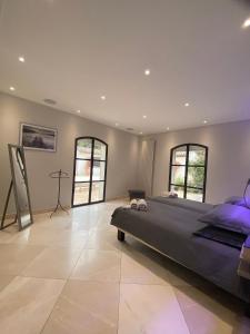 马莱莫尔chambre d'hôte sur le golf de pont royal的一间大卧室,配有一张大床和两个窗户