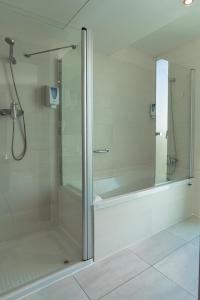 佩尼斯科拉阿哥拉Spa度假酒店的带淋浴和玻璃淋浴间的浴室