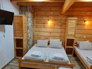 Crni VrhVila Kula的一间卧室配有两张床和一台平面电视