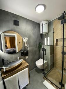 尼什四室公寓的一间带水槽、卫生间和镜子的浴室