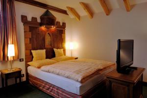 萨维尔纳让家酒店的一间卧室配有一张带木制床头板的床和一台电视。
