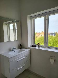 Solrig og moderne villalejlighed tæt på midtbyen的一间带水槽和镜子的浴室以及窗户。