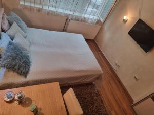 乌日策波姆蚌耶拉公寓的卧室享有高空美景,配有一张床和一台电视