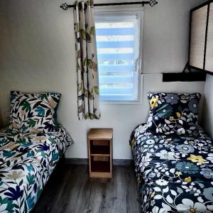 米米藏Mammiehome - 6 places - Mimizan - Camping La Lande的一间小卧室,配有两张床和窗户