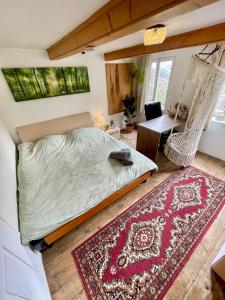 塞沃伦Private Room in an old Farmhouse near Vaduz的一间卧室配有一张床、吊床和一张书桌