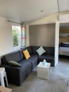 纳博讷Mobil Home - Camping La Falaise的客厅配有蓝色的沙发和床。