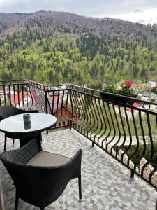 阿祖加Casa TimEva Azuga的设有一个配有桌椅并享有美景的阳台。