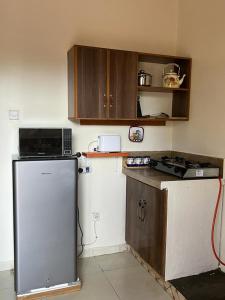 金贾Ahva I Residence的小厨房配有冰箱和微波炉。