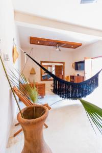 巴卡拉尔Casita con cama King, tina de baño, A/A y Netflix的一间带吊床和植物的客厅