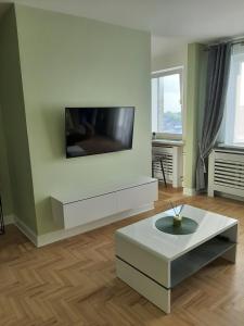 希奥利艾Visinskio apartamentai的客厅设有壁挂式平面电视。