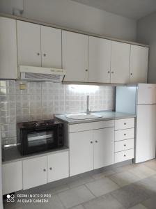 伊里斯斯Iris House的厨房配有白色橱柜、水槽和微波炉