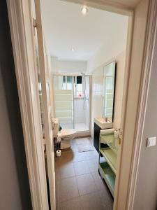 里斯本Rooms to rent in a friendly apartment的一间带水槽、卫生间和镜子的浴室