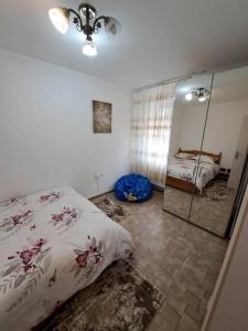 拉姆尼库沃尔恰Dovali apartment的一间卧室配有一张床和一面大镜子