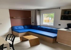 比斯卡罗斯Charmant dans camping 5 étoiles-lac的客厅设有蓝色的沙发和窗户。