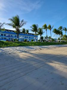 塔曼达雷Marinas Tamandaré Flat的棕榈树海滩和蓝色建筑