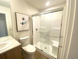 悉尼Lovely Brand New Suite的带淋浴、卫生间和盥洗盆的浴室