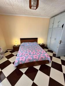阿尔及尔Charmant Appartement vue sur mer的一间卧室配有一张床,铺有一个 ⁇ 板地板