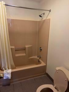 布兰福德American Inn的带淋浴、卫生间和浴缸的浴室