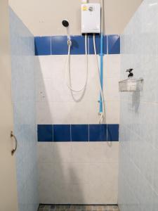 甲米镇Leisure Hostel的浴室设有蓝色和白色瓷砖淋浴。