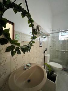 帕里普埃拉Casa Amarela Paripueira的一间带水槽、卫生间和镜子的浴室