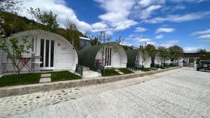 大盐矿镇Casutele verzi din Ocnele Mari的街上一排白色圆顶房屋