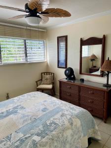考纳卡凯Ka Hale Kealoha的一间卧室配有一张床和吊扇