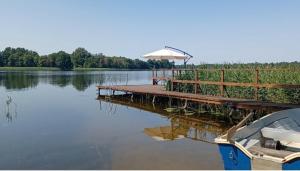 InturkėŠAMO UOSTAS - vila šeimoms ant ežero kranto的湖上带雨伞的码头