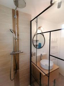 欧丹库尔L'Élégant avec garage, proche Axone, Stellantis的带淋浴、水槽和镜子的浴室