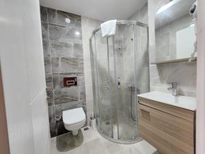 HurmaköyYücemek Apart的带淋浴、卫生间和盥洗盆的浴室