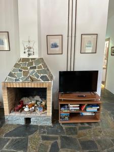 莱弗考基亚Elia Home的一间带电视和石制壁炉的客厅
