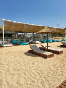 阿依纳帕格拉西亚别墅的沙滩上沙滩上摆放着椅子和遮阳伞