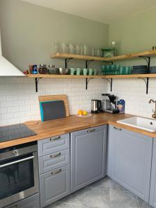 克雷廷加DEJA VU的厨房配有白色橱柜和木制台面