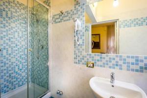 佛罗伦萨阿卡迪亚酒店的蓝色瓷砖浴室设有水槽和淋浴