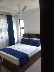 KikambalaLux Suites 3 Bedroom Sultan Palace Town House的一间卧室配有一张带蓝色枕头的床和一扇窗户。