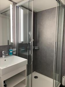 韦登斯维尔恩格尔班霍夫酒店的一间带水槽和玻璃淋浴的浴室