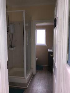 克罗伊登Rectory Cottage的带淋浴和卫生间的浴室以及窗户。