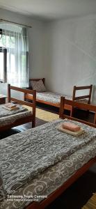 SkorenovacEdukativ Szállás的客房设有两张床、一张桌子和一扇窗户。