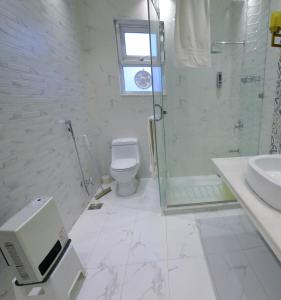 锡卡都Arish Luxury Suites的带淋浴、卫生间和盥洗盆的浴室