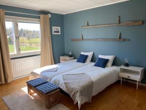 LemlandVilla Valentina的一间卧室设有一张带蓝色墙壁和窗户的大床