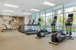夏洛特SpringHill Suites Charlotte Southwest的健身房里一排跑步机和健身自行车